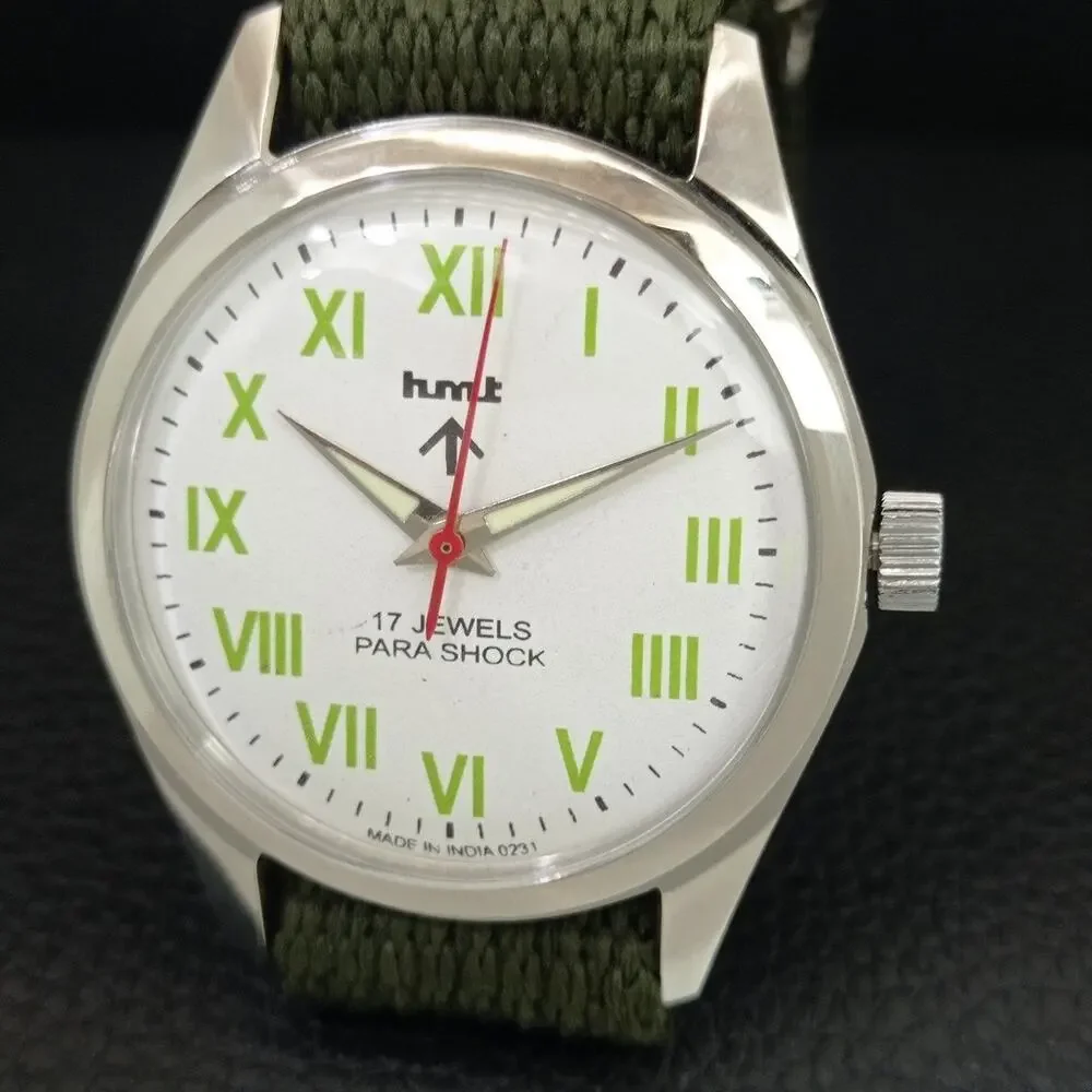 Vintage 1983 HMT Manual Wound Mens Silver Watch & Green accents